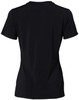 A black ladies’ V-neck short sleeve knit top, featuring a simple design and a logo on the back.