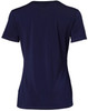 A navy blue ladies' V-neck short sleeve knit top with a smooth finish and a logo.