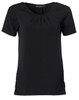 A black short-sleeved knit top with pleats and a round neck, featuring a logo on the tag.