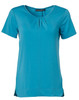 A teal ladies' round neck short-sleeve knit top featuring pleats and a branding label.