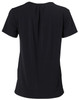 A black round neck short-sleeve knit top featuring pleats at the back and a logo.
