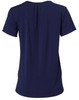 A navy blue ladies' short-sleeve top with pleats at the back and a round neckline, featuring a logo.