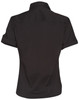 A black women's short sleeve military-style shirt with rolled sleeves and a collar. Features a logo on the arm.