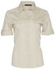 A women's short sleeve military shirt in a beige colour, featuring two front pockets and a logo on the collar.