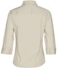 A back view of a women's beige 3/4 sleeve military shirt featuring a collar and a simple design.