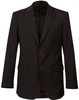 A black wool stretch blazer featuring two buttons and side pockets, with a sleek and tailored design.