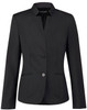 A black wool blend stretch reverse lapel jacket with two buttons and side pockets, featuring a brand logo.