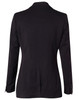 A mid-length women's black jacket with two buttons and long sleeves, featuring a fitted design and back seam detailing.