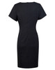 A short-sleeve, black dress with a fitted silhouette and a back zipper, featuring a sleek design.