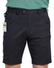 Men's utility cargo shorts in black featuring side pockets and a logo on the waistband. Suitable for various activities.