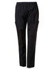 Unisex black scrub pants with an elastic waistband and side pockets, featuring a logo.