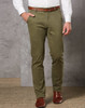 Men's Boston Chino Pants in olive green, featuring a slim fit and pockets, paired with a brown belt and shoes.