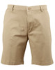 Men's stretch cotton chino shorts in a light beige colour, featuring a button closure and front pockets.