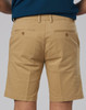 Men's stretch cotton chino shorts in khaki colour, featuring a smooth finish and back pockets with buttons.