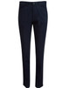 Navy blue ladies' chino pants with a fitted design, featuring side pockets and a button closure.