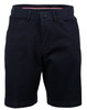 A pair of navy ladies' stretch cotton chino shorts with a button closure and pockets, featuring a branded logo.