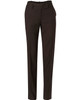 Women's low rise pants in dark brown poly/viscose stretch fabric, featuring a sleek design and a branded tag.