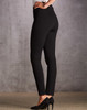 Black treggings with a high waist and slim-fit design, featuring a smooth, stretchy fabric. Suitable for various occasions.