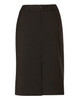 A mid-length lined pencil skirt in dark green wool stretch, featuring a back zip and tailored design.