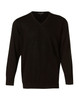 A black men's 100% Merino wool V-neck long sleeve sweater. It features a simple design and has a logo.