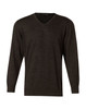 A dark charcoal V-neck long sleeve sweater made from 100% Merino wool, featuring fitted cuffs and a logo.