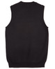A black women's V-neck vest with a sleeveless design and a ribbed hem, featuring a logo.