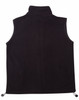 A black unisex polar fleece vest with a high collar and adjustable drawstrings at the hem. It features a logo.