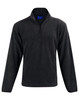 A black half zip polar fleece pullover with long sleeves and a collar, featuring a logo on the chest.