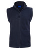 A navy polar fleece vest with a high collar and a front zip, featuring no sleeves and a logo on the chest area.