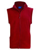 A red polar fleece vest with a zip front and a collar, featuring side pockets and a logo.