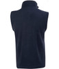 A navy blue adult's polar fleece vest featuring a high collar and sleeveless design. Includes a logo on the back.