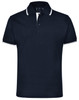 A black unisex polo shirt featuring contrast trim on the collar and sleeves, with a logo on the chest.
