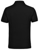 A black unisex polo shirt with a classic collar and short sleeves, featuring a branding logo.