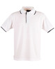 A white polo shirt with black collar and sleeve trim, featuring a logo on the chest area.
