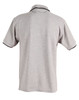 A grey polo shirt with a black collar and trim, featuring a logo on the back.