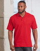 A red unisex traditional polo shirt displayed on a model, featuring a branding logo.