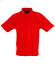 A red children's traditional polo shirt with a collar and short sleeves, featuring a logo.