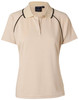 A cream ladies' polo shirt with a black trim, featuring a collar and short sleeves. Includes a branding logo.