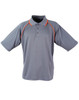 A grey polo shirt with orange accents and a logo. It features short sleeves and a classic collar.
