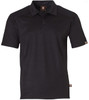A black short-sleeve polo shirt featuring a logo and textured shoulder detail. Suitable for workwear.