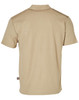 A beige short-sleeved polo shirt featuring a collar and a logo on the back. Designed as workwear.
