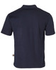 A navy blue short-sleeved polo shirt with a logo on the side. The back view features a classic collar design.