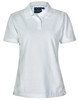 A white ladies' polo shirt with a collar and short sleeves, featuring a logo on the chest.