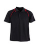 A black polo shirt with red accents and a collar, featuring a logo on the chest.