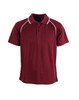 A maroon kid's polo shirt with white piping and a logo on the chest. It features a collar and buttons.
