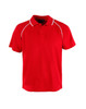 A red polo shirt with a collar, featuring white accents and a logo on the chest.