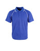 A blue polo shirt featuring white piping and a three-button placket, with a logo on the chest.