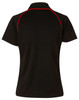 A black kid's polo shirt featuring red detailing and a logo. The shirt has short sleeves and a classic collar.