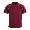 A maroon polo shirt with yellow accent detailing and a branding logo on the front.