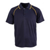 A navy polo shirt with yellow accents and a three-button placket. It features a logo on the chest.